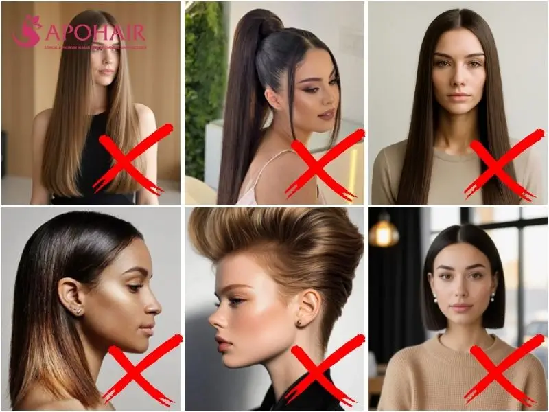 Collage of six hairstyles to avoid for a long face, each marked with a red X