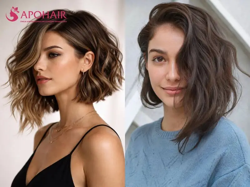 Two asymmetrical wavy bobs with shorter backs, longer front sections, and deep side parts