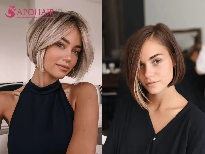 Two jaw-length blunt bobs with deep side parts and long side-swept front sections