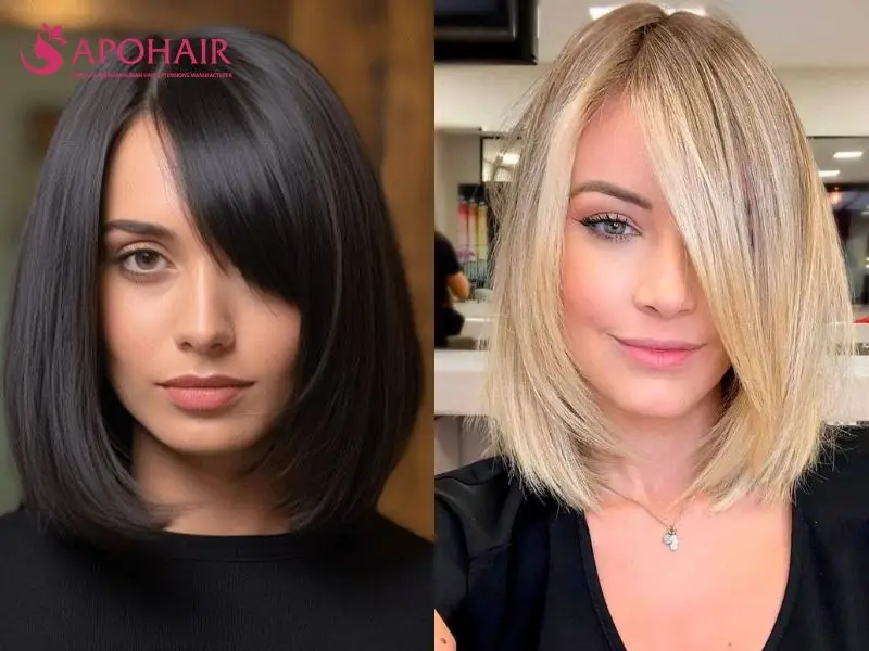 Two blunt collarbone-length cuts with thick ends and long side-swept bangs