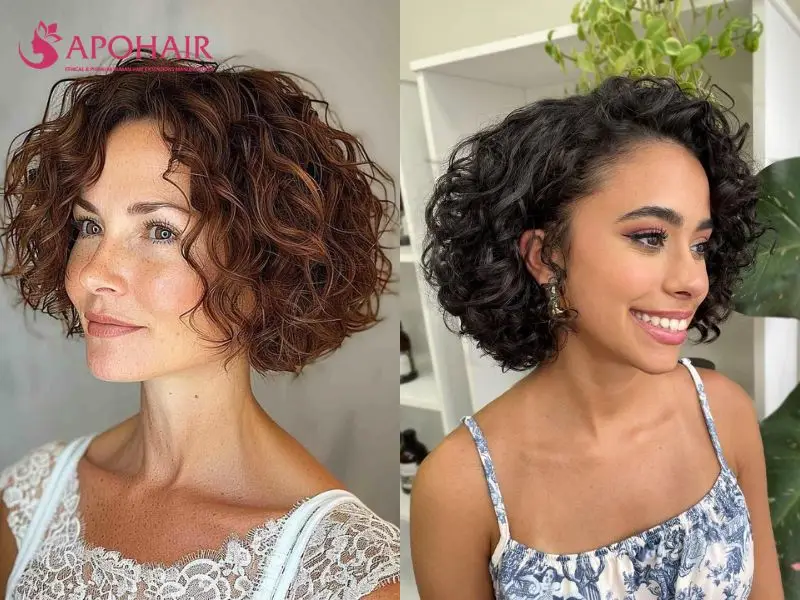 Two chin-length curly bobs with rounded volume around the cheeks and jaw