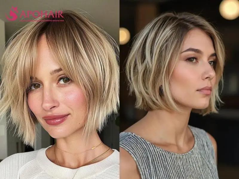 Two jaw-length blonde bobs with textured ends and long face-framing pieces