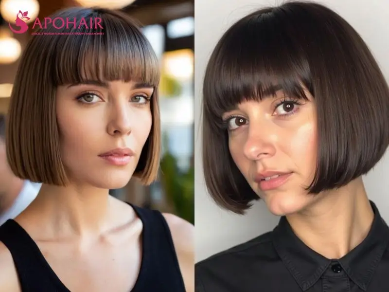 Two angles of a chin-length French bob with straight-across bangs and sharp blunt ends