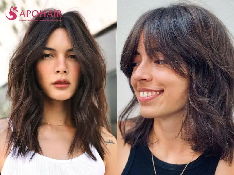 Two angles of a collarbone-length shag with curtain bangs and choppy, face-framing layers
