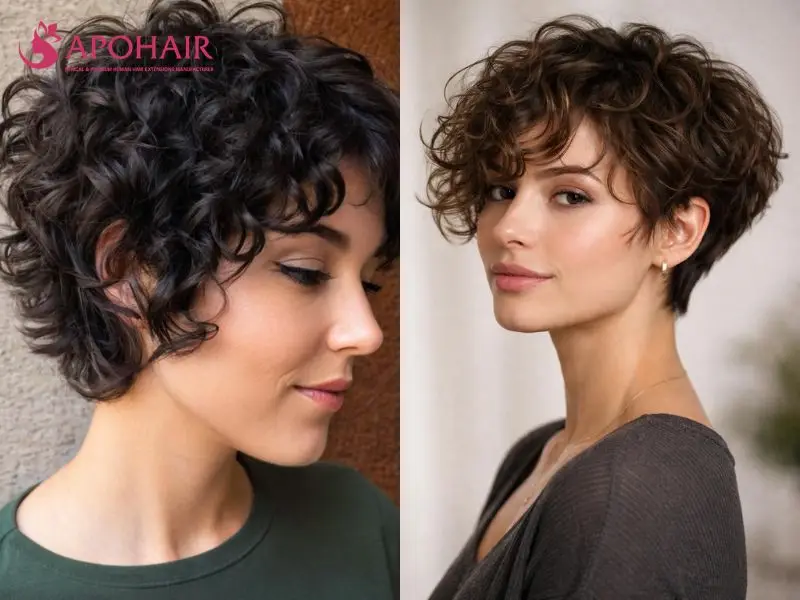 Two curly bixie cuts with short tapered backs and voluminous curls around the ears and cheeks