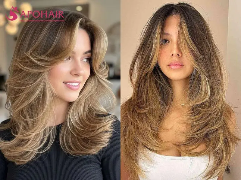 Two long butterfly cuts with bouncy face-framing layers fanning outward from the cheekbones