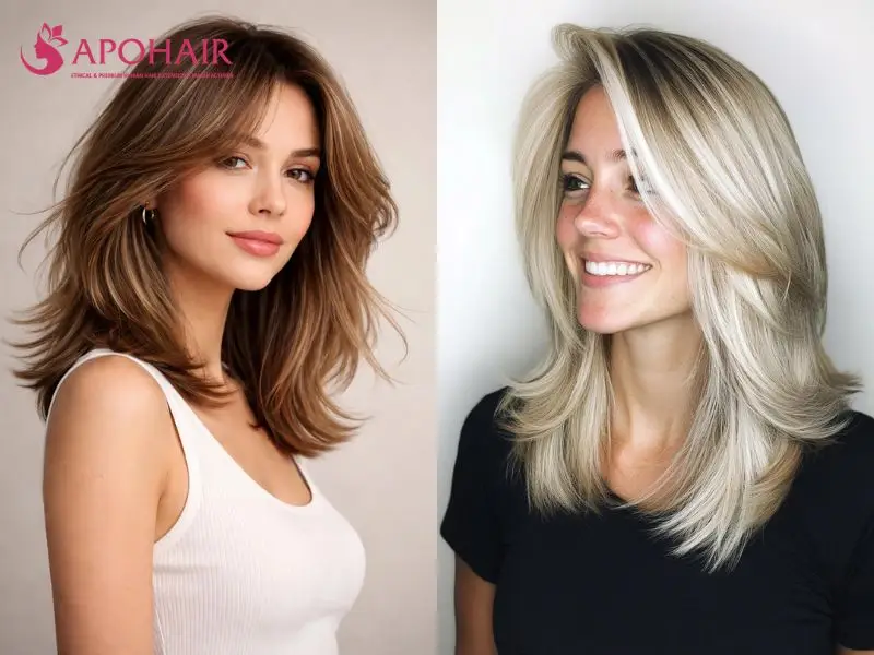 Two feathered mid-length hairstyles with face-framing layers flipped outward from the cheekbones