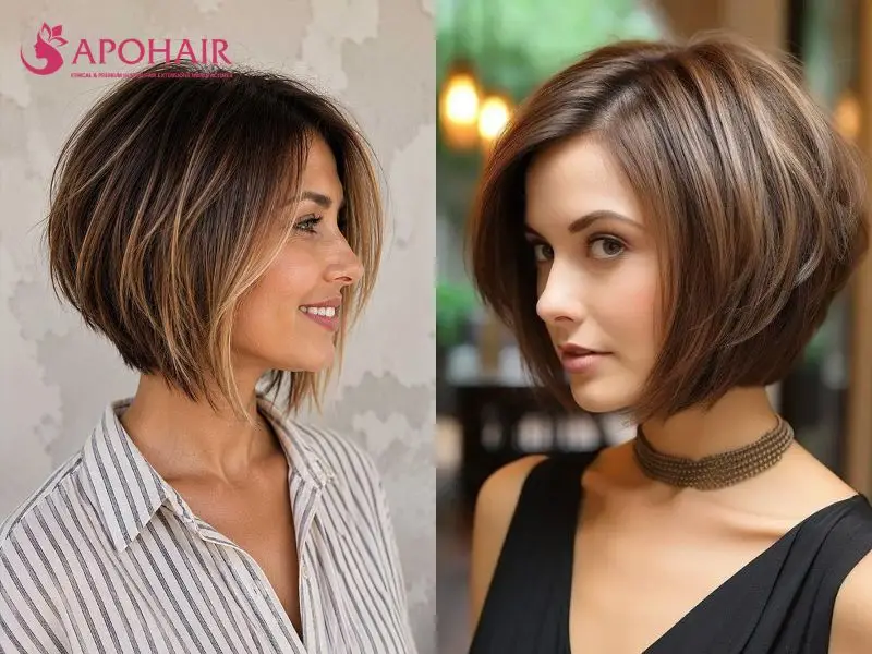 Side and three-quarter views of layered A-line bobs with stacked backs and longer, chin-length front sections