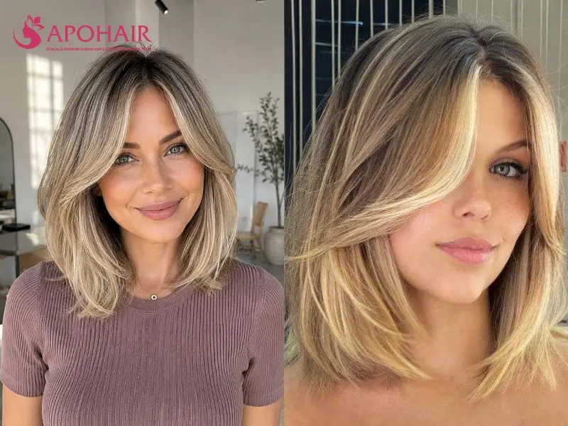 Two views of a layered blonde lob with center-split curtain bangs and cheekbone-length face-framing pieces