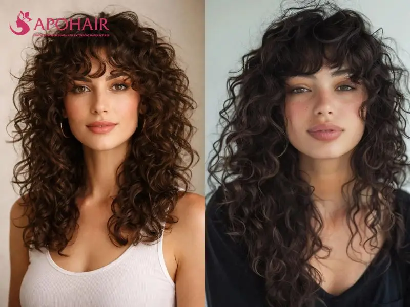 Two long curly shags with layered curls and short curly bangs across the forehead