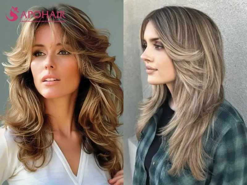 Front and side views of long feathered cuts with sweeping layers flipped away from the face