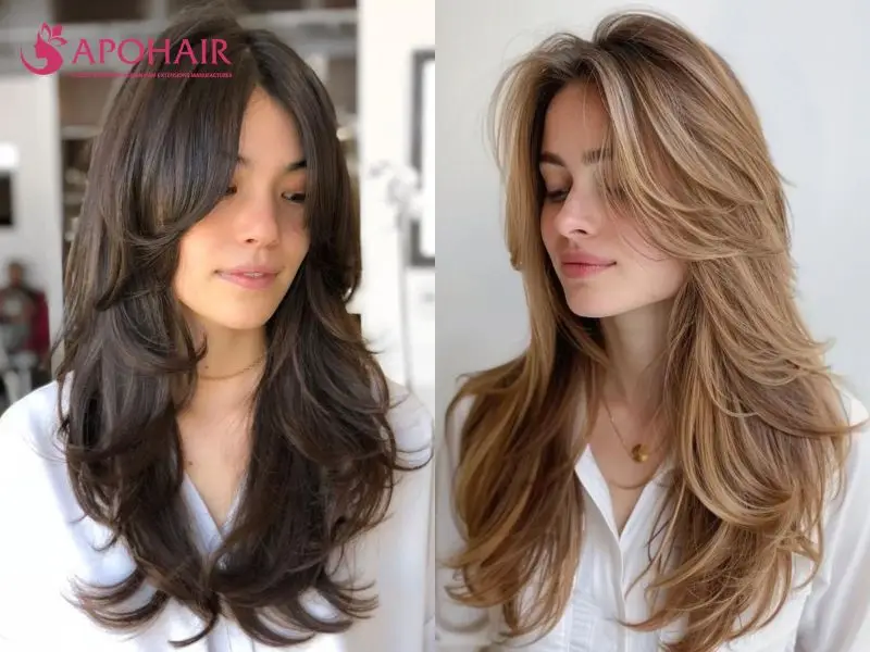 Two past-the-shoulder hairstyles with cascading layers and long curtain bangs framing the face