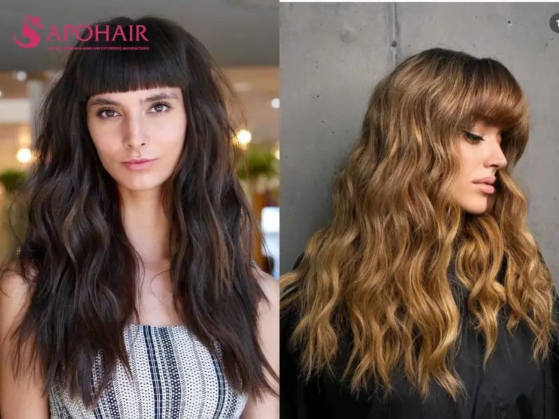 Two long mermaid-wave hairstyles with full straight-across fringes covering the forehead