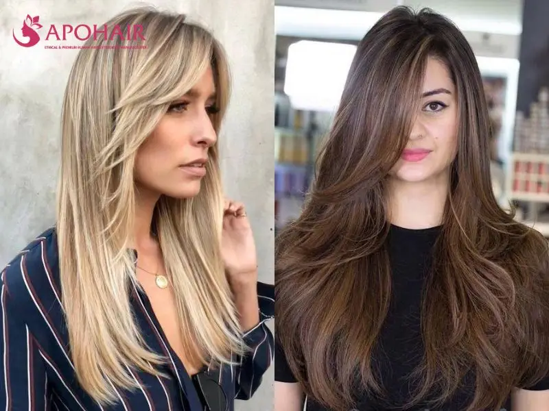 Two long layered hairstyles with sweeping side bangs and tapered face-framing pieces