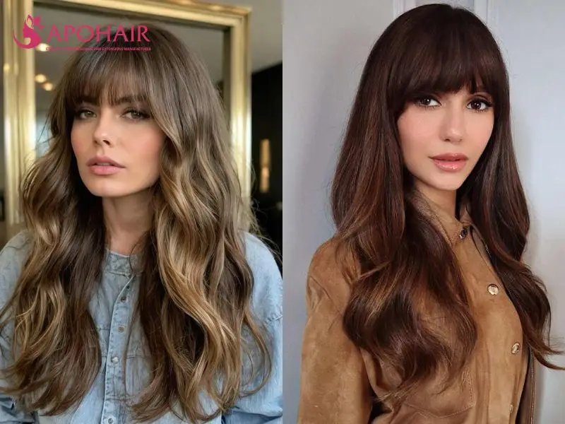 Two long wavy hairstyles with straight-across bangs covering the forehead