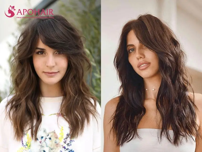 Two long wavy shags with tousled layers and side-swept face-framing pieces