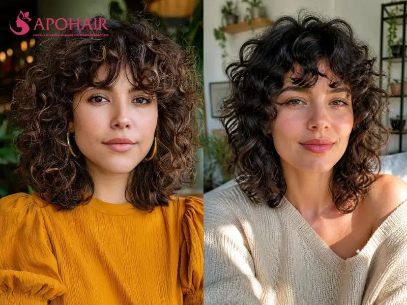 Two medium curly shags with voluminous bangs and layered curls framing the cheekbones