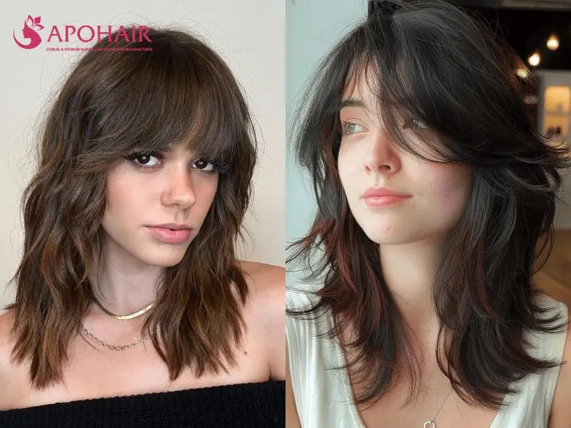 Two medium wolf cuts with chunky bangs, short textured layers, and wispy tapered ends