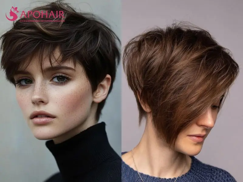 Two shaggy pixie cuts with piecey layers and soft fringes sweeping across the forehead