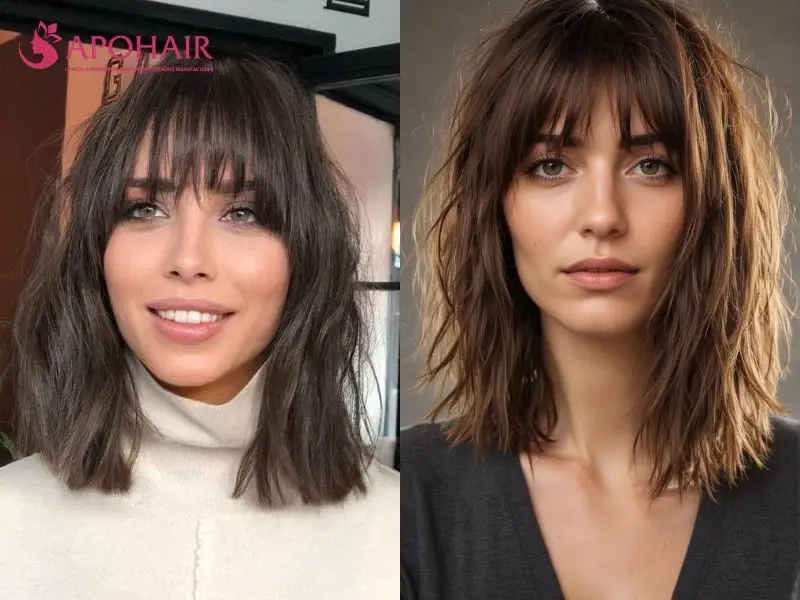Two textured shoulder-length lobs with blunt bangs and piecey, tousled layers