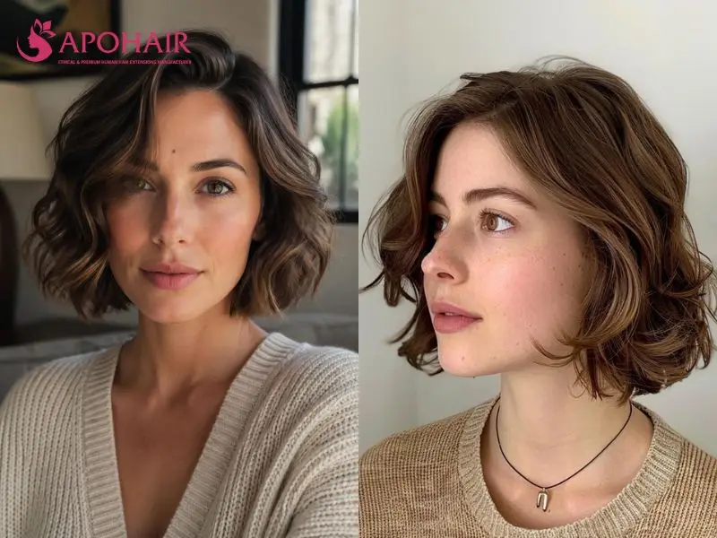 Front and side views of a chin-length bob with tousled waves and textured ends