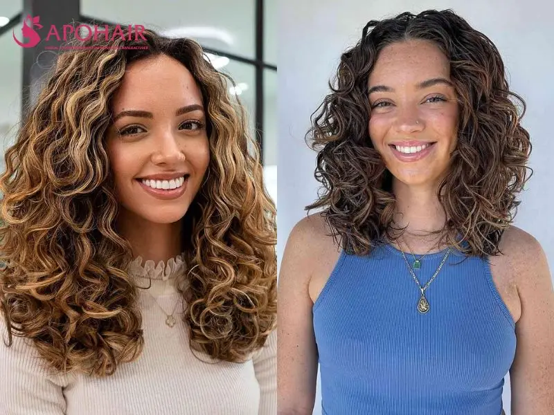 Two voluminous shoulder-length curly cuts with rounded perimeters and separated layers