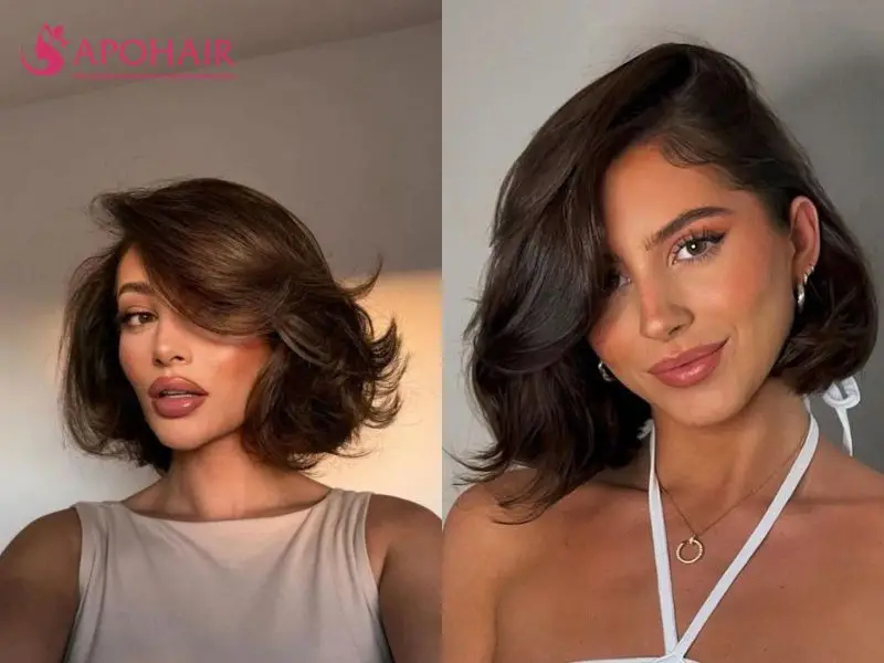 Two voluminous jaw-length bobs with deep side parts and rounded blowout styling