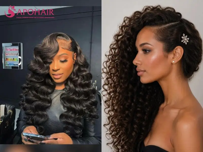 Two voluminous long curly hairstyles swept to one side with deep side parts