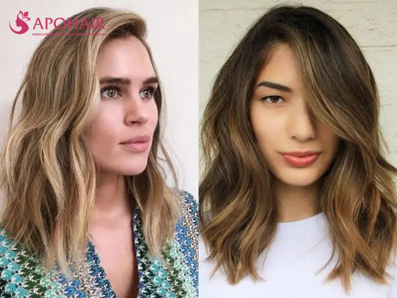 Two views of mid-length hair with a deep side part and flowing waves around the cheekbones