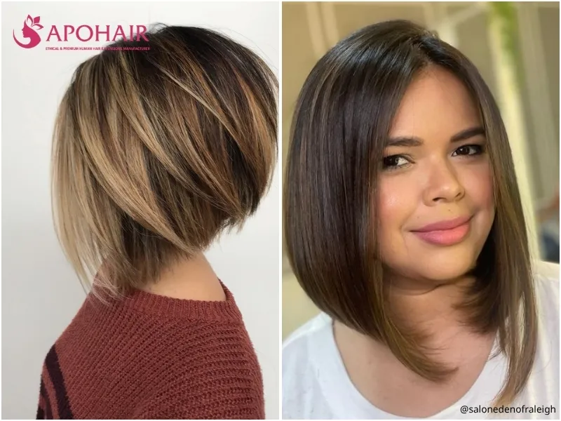 Angled A-line bob with a short back and longer front pieces extending below the chin