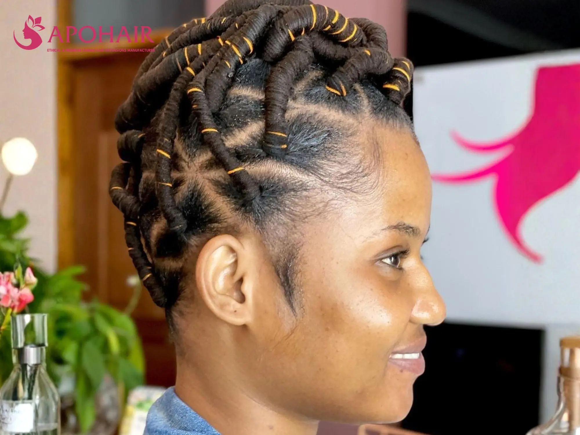 Colored wool kiko hairstyle with vibrant thread shades