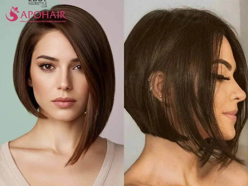 Asymmetrical bob with one side extending below the jaw and a diagonal perimeter
