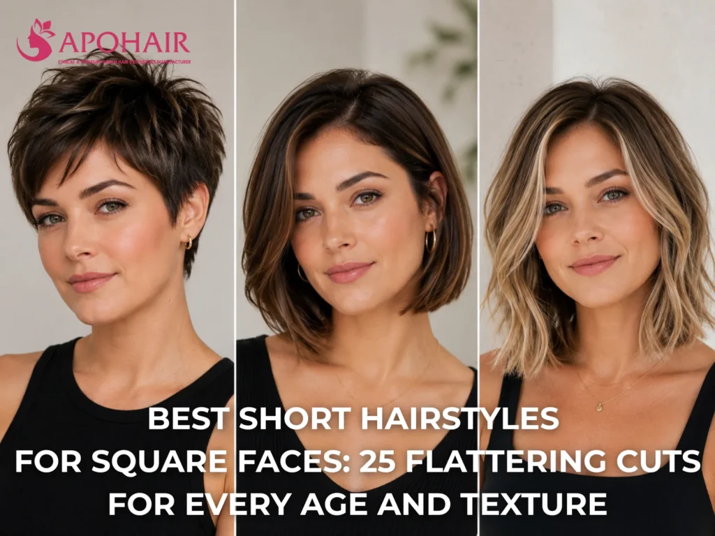 Best short hairstyles for square faces cover collage of pixie, bob, and lob cuts
