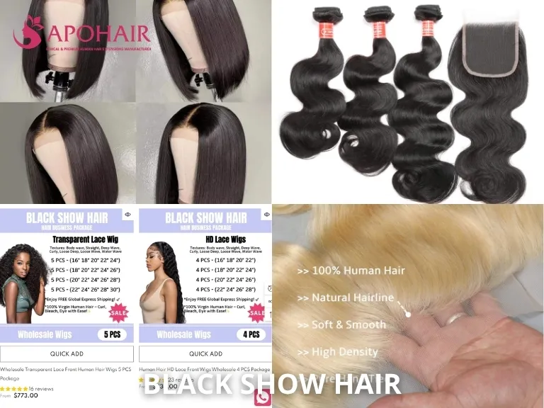 Black Show Hair Chinese factory virgin human hair bundles, closures, and wholesale packages