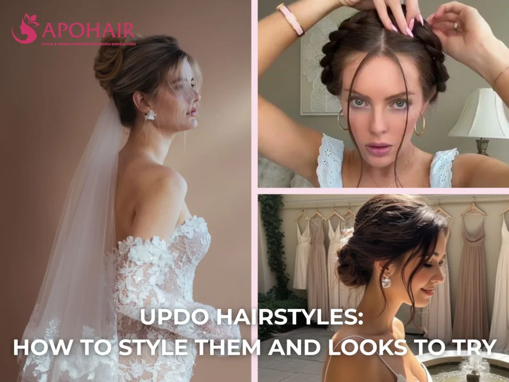 Bridal updo hairstyle on woman in lace wedding dress with veil