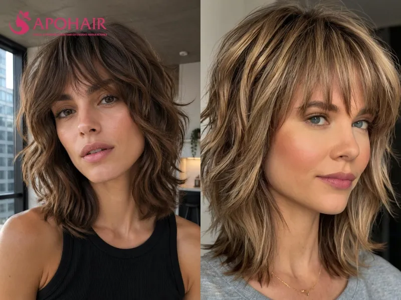 Classic shag with choppy mid-length layers, broken ends, and a piecey fringe