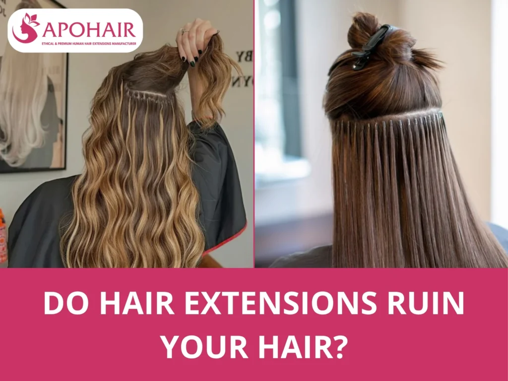 Woman getting tape-in hair extensions installed at a hair salon
