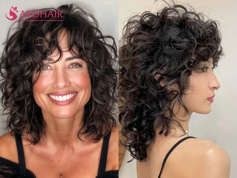 Curly shag with layered sides and soft ringlet bangs across the forehead