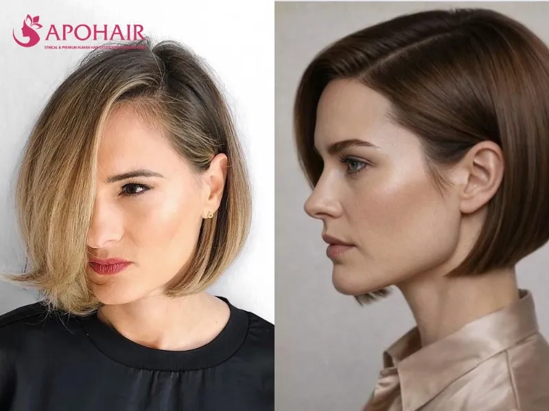 Curved A-line bob with a shorter back and softened front pieces below the jaw