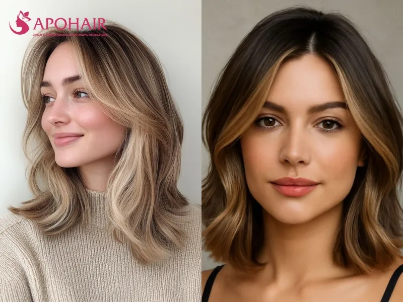 Mid-length haircut with face-framing layers curving from the cheekbones past the jaw