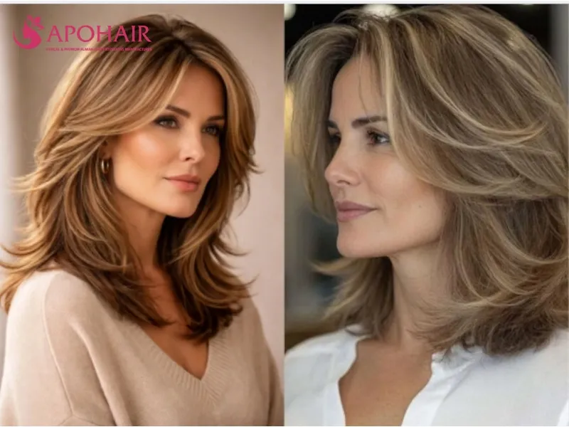 Feathered midi cut with front layers styled outward from the face