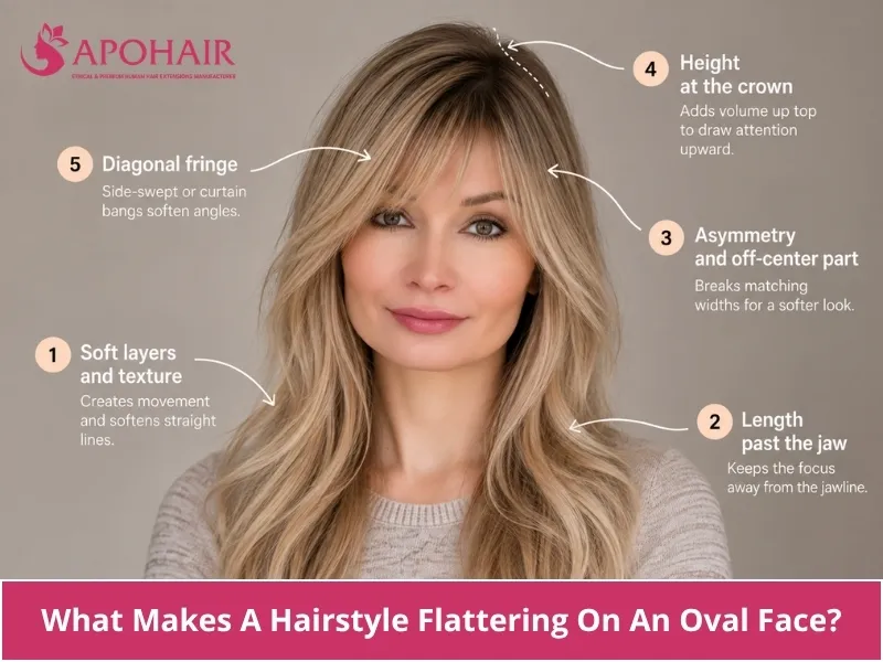 Diagram showing soft layers, below-jaw endpoints, side-swept details, crown volume, and blended fringe for a square face