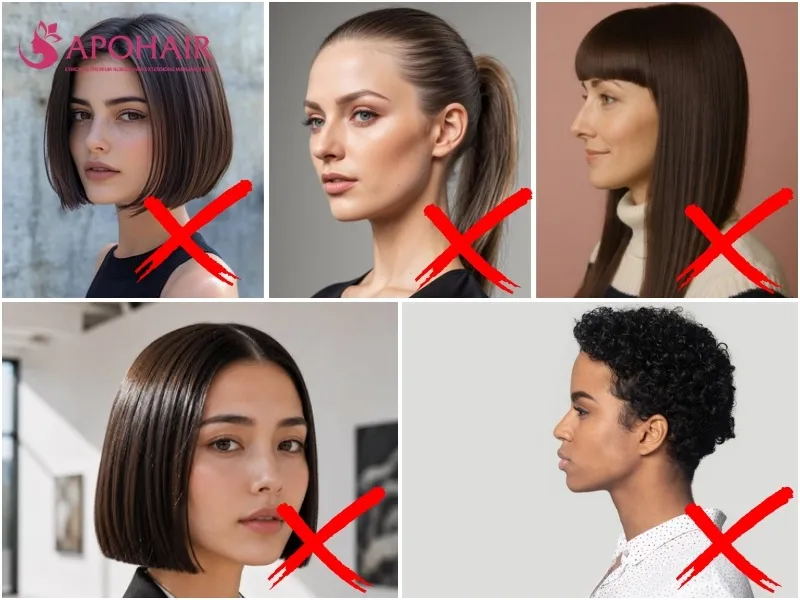 Comparison of five hairstyles that emphasize angular lines or jaw-level width on square faces