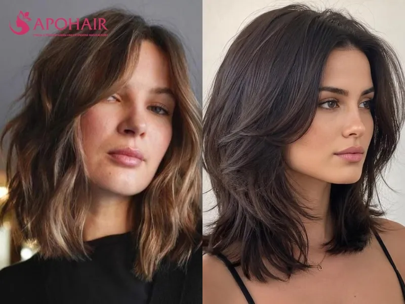 Layered collarbone lob with curtain bangs opening toward the cheekbones