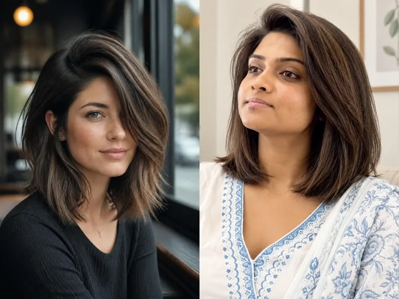 Layered lob below the jaw with interior movement and a deep side part