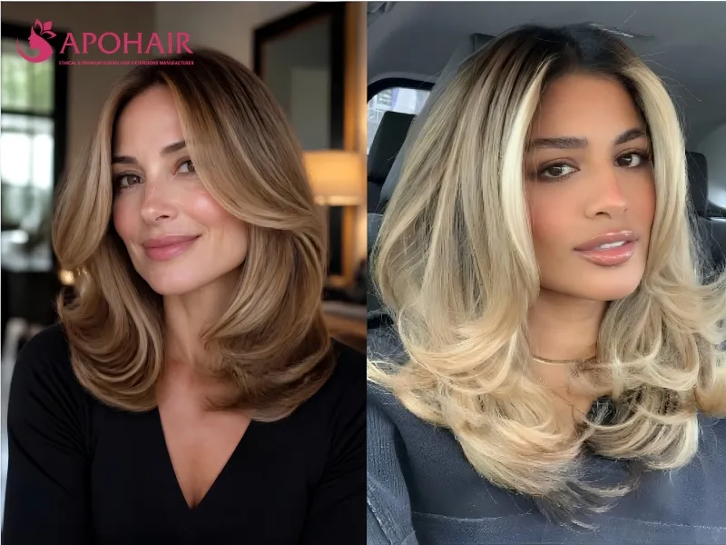 Long layered blowout with ends flipped outward below the shoulders