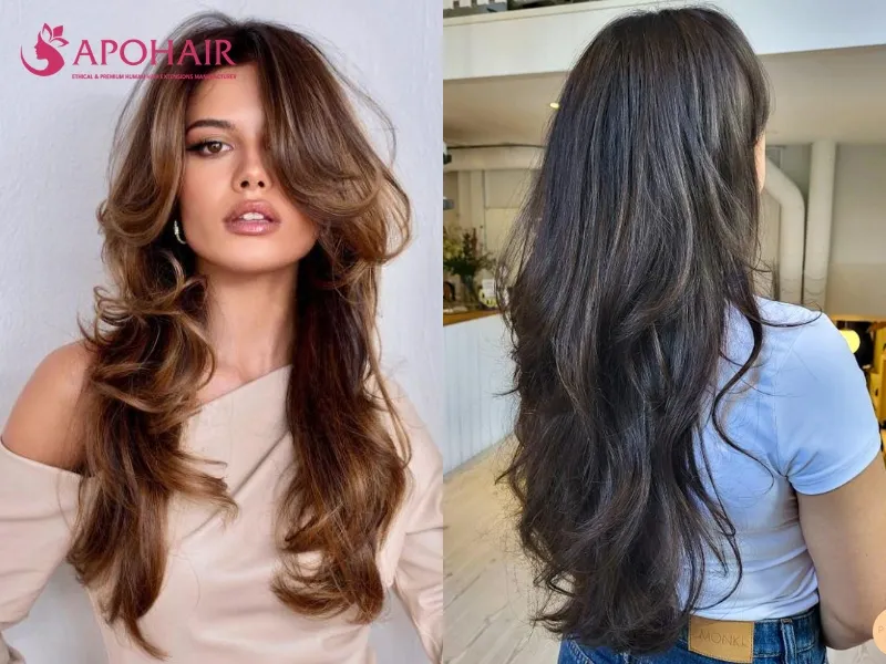 Long butterfly cut with cheekbone-length layers and a full lower tier
