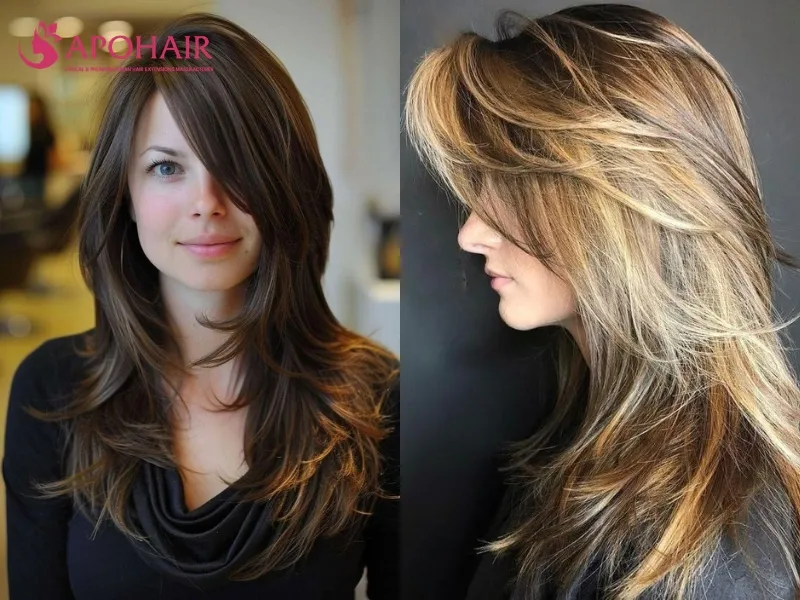 Long layered hair with side-swept bangs blending into the face-framing pieces