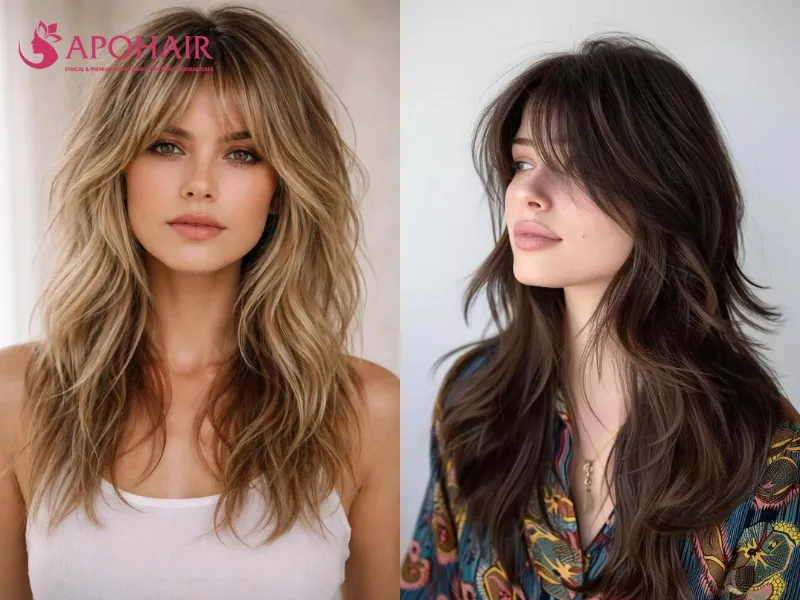 Long shag with a shallow wispy fringe and softly layered sides