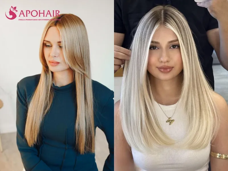 Long side-parted hair with bright face-framing highlights near the cheekbones